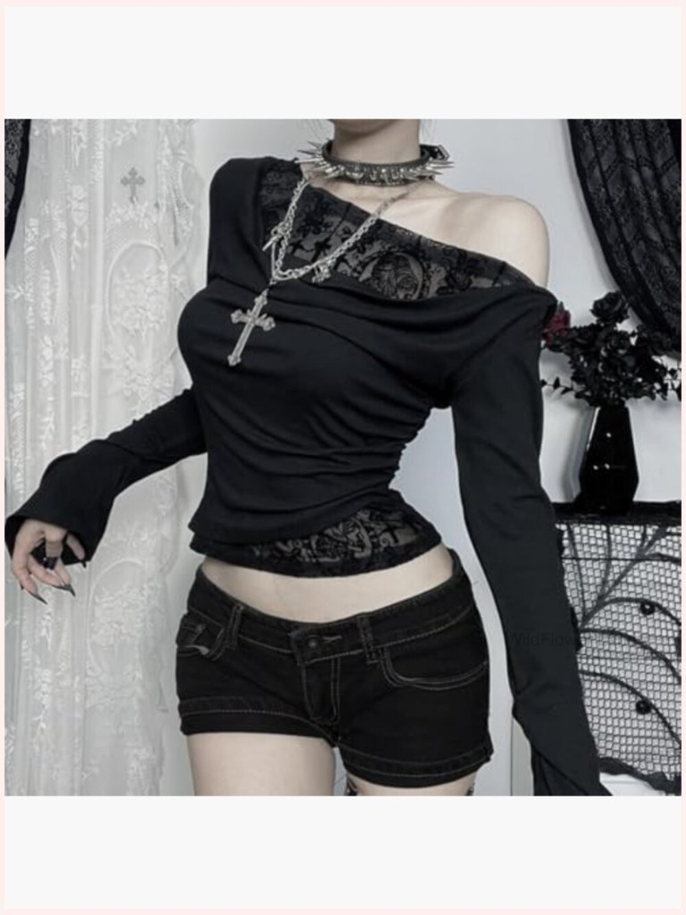 Off Shoulder Goth Crop Top Mesh Patchwork Long Sleeve Blouses Y2k Outfits - Picture 2 of 6